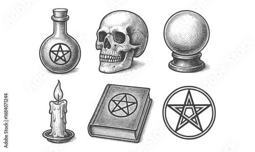 Vintage occult objects: skull, crystal ball, candle, book, pentagram