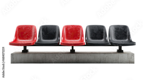 Row of five stadium seats, alternating red and black, mounted on a concrete base