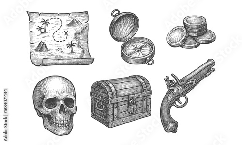 Nautical adventure elements in hand drawn vintage style with compass, map, and pirate artifacts