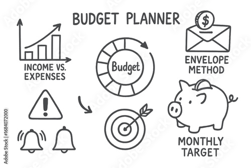 Hand-Drawn Budget Doodles. Budget planner: hand drawn doodles of income vs expenses chart, envelope method, budget wheel, savings