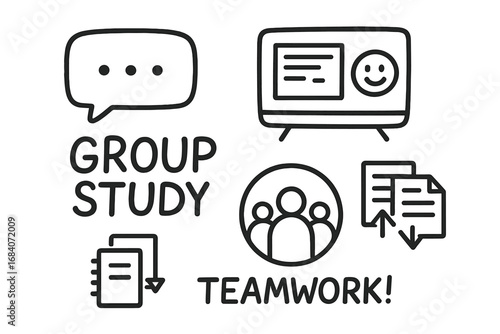 Digital Study Collaboration Doodles. Group study: hand drawn doodles of chat bubble, shared screen, emoji reaction, file exchange,