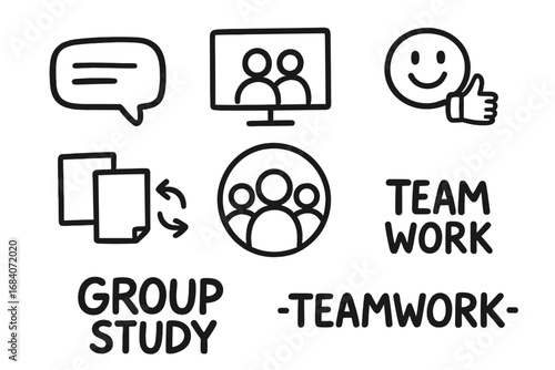 Digital Study Collaboration Doodles. Group study: hand drawn doodles of chat bubble, shared screen, emoji reaction, file exchange,