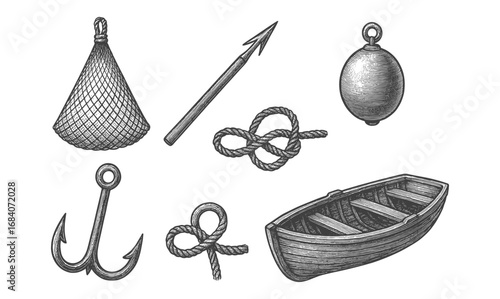 Vintage nautical elements set featuring anchor, rope, boat, and buoy