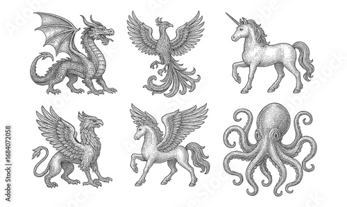 Mythical creatures collection: dragon, phoenix, unicorn, griffin, hippogriff, octopus in detailed engraving style
