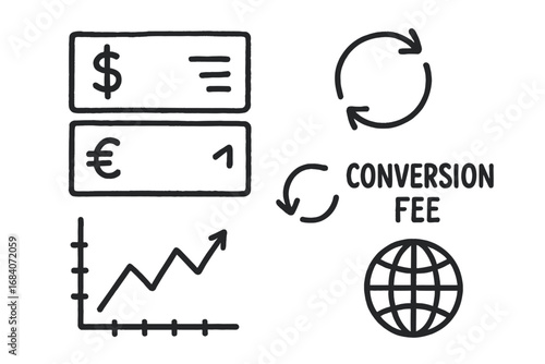 Currency Converter Doodles. Currency converter: hand drawn doodles of two currency fields, flip icon, exchange rate graph, refresh