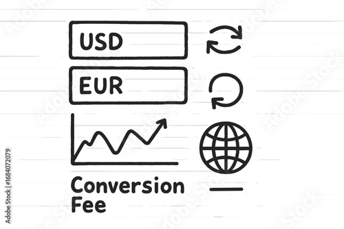 Currency Converter Doodles. Currency converter: hand drawn doodles of two currency fields, flip icon, exchange rate graph, refresh