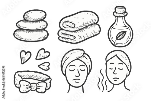 Spa Day Doodles. Spa day essentials: hand drawn doodles of hot stones, fluffy towels, massage oil, flower petals, face steam, and