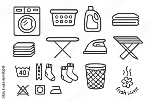 Laundry Icon Doodle Set. Laundry day doodle icon set: hand drawn icons of washing machine, laundry basket, detergent bottle,