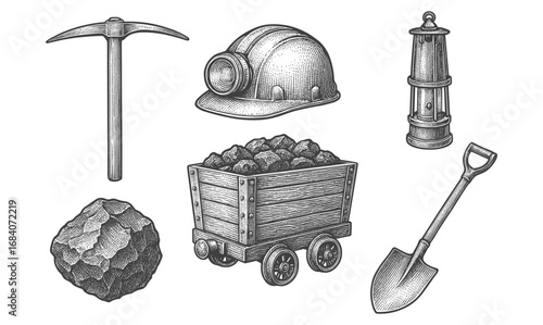 Vintage mining tools and equipment concept featuring helmet, cart, and lantern