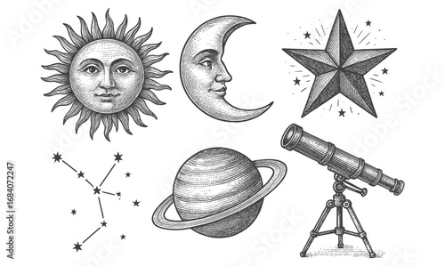 Vintage celestial illustrations of sun, moon, stars, planet, telescope, and constellation
