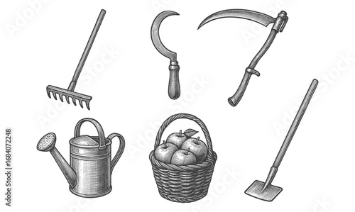 Vintage farm tools and basket with apples in detailed engraving style