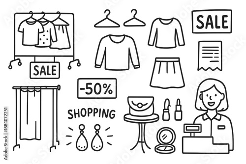 Fashion Sale Icons. Fashion sale doodle icon set: hand drawn icons of sale rack, clothing hangers, blouses, skirts, sale signs,