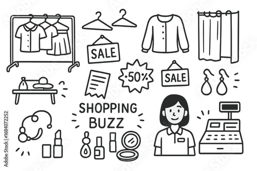 Fashion Sale Icons. Fashion sale doodle icon set: hand drawn icons of sale rack, clothing hangers, blouses, skirts, sale signs,