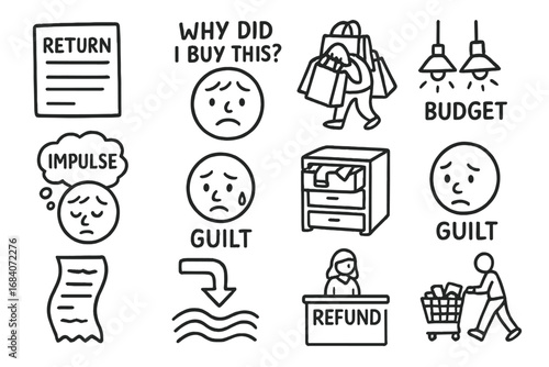 Shopping Regrets Icons. Shopping regrets doodle icon set: hand drawn icons of return slip, “why did I buy this?” face, too many
