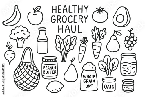 Healthy Groceries Doodle. Healthy grocery haul doodle set: hand drawn icons for fruits, greens, pantry staples, and containers,