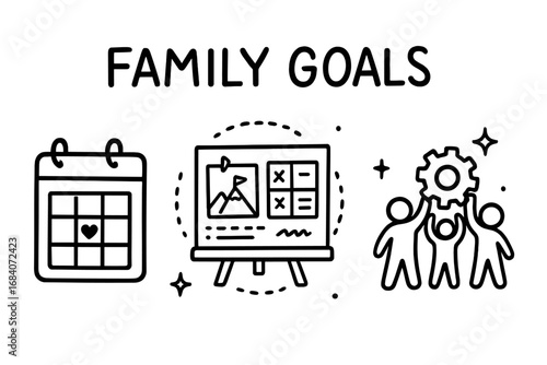 Family Planning Doodles. Family goals doodle set: hand drawn icons for shared calendars, vision boards, and teamwork, isolated