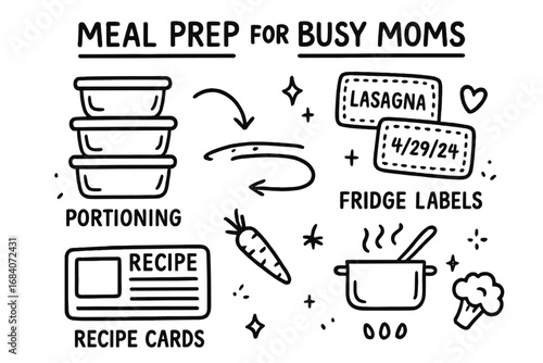 Meal Prep Doodle Set. Meal prep for busy moms doodle set: hand drawn icons for portioning, fridge labels, and recipe cards,
