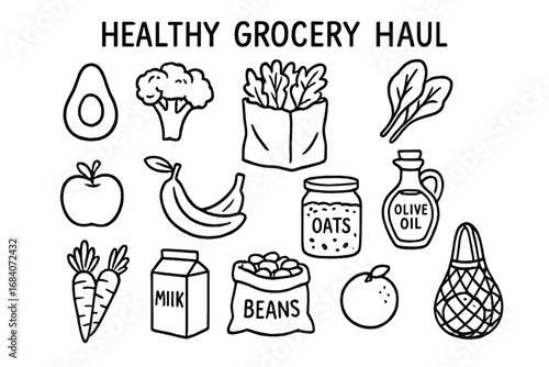 Healthy Groceries Doodle. Healthy grocery haul doodle set: hand drawn icons for fruits, greens, pantry staples, and containers,