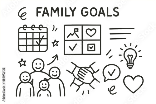 Family Planning Doodles. Family goals doodle set: hand drawn icons for shared calendars, vision boards, and teamwork, isolated
