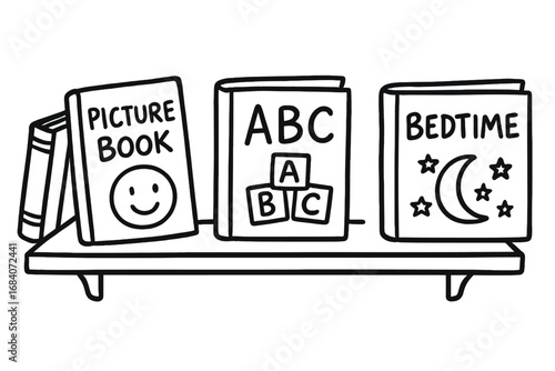 Kids Bookshelf Doodles. Kids bookshelf doodle set: hand drawn icons for picture books, alphabet stories, and bedtime favorites,