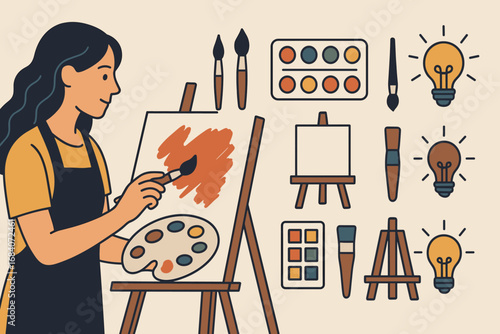Creative Artist Tools. Horizontal vector banner featuring female artist painting and comprehensive creative tools icon set for