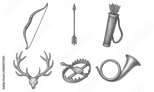 Vintage hunting collection: bow, arrow, deer antlers, bear trap, and horn sketches