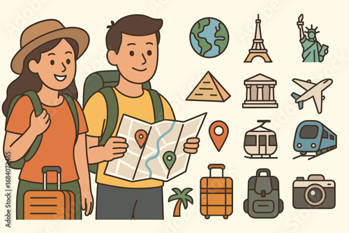 Traveling Couple Adventure. Horizontal vector banner featuring traveling couple with backpacks and comprehensive tourism icon set