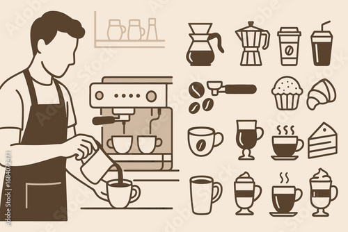 Barista and Coffee Icons. Horizontal vector banner featuring barista at work and comprehensive coffee shop icon set for brewing