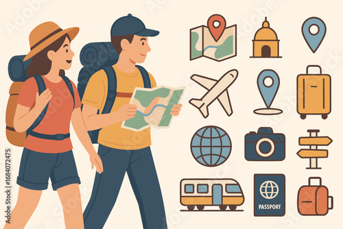 Traveling Couple Adventure. Horizontal vector banner featuring traveling couple with backpacks and comprehensive tourism icon set