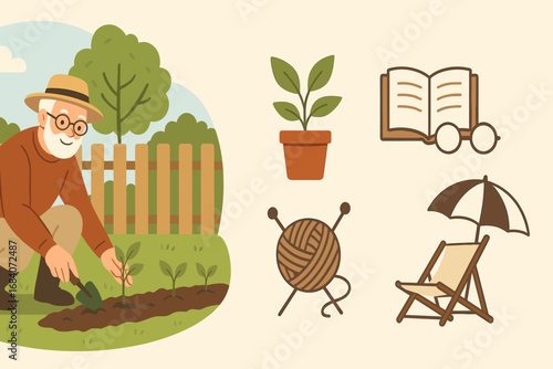 Garden Hobby Icons. Horizontal vector banner featuring elderly man in garden and comprehensive hobby icon set for planting,