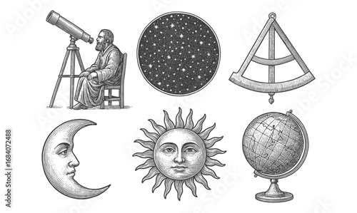 Vintage astronomical engraving with telescope and celestial symbols