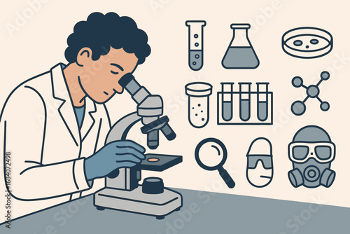 Scientific Lab Exploration. Horizontal vector banner featuring scientist using microscope and comprehensive laboratory icon set