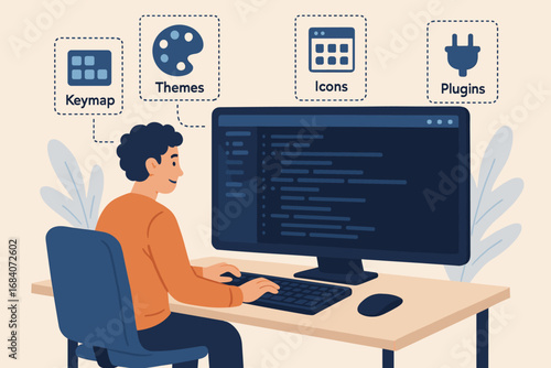 Customizing Text Editor. Scene illustration showing programmer customizing text editor and personalization icon set for themes,
