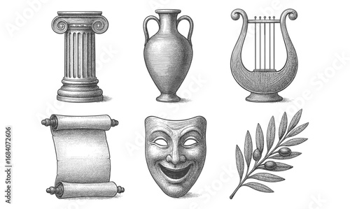 Classical antiquity elements in vintage engraving style