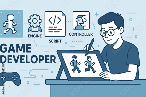 Game Development Icon Banner. Horizontal vector banner with game developer animating characters and game dev icon set for sprites,