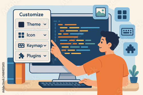 Customizing Text Editor. Scene illustration showing programmer customizing text editor and personalization icon set for themes,