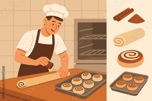 Baker Crafting Cinnamon Rolls. Flat banner illustrating baker preparing cinnamon rolls and sweet baking icon set for spices, dough