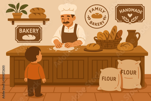 Child in Cozy Bakery. Flat scene of child watching baker and family bakery icon set for wooden counters, cozy decor, flour sacks