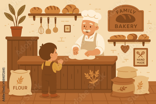 Child in Cozy Bakery. Flat scene of child watching baker and family bakery icon set for wooden counters, cozy decor, flour sacks