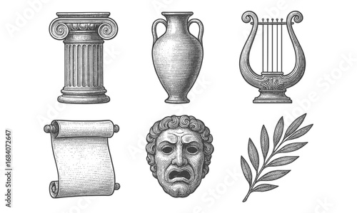 Intricate engravings of ancient greek artifacts and symbols