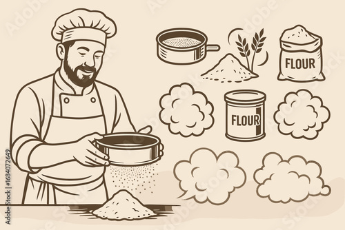 Baker's Flour Essentials. Scene banner with baker sifting flour and flour prep icon set for sifters, flour types, containers and