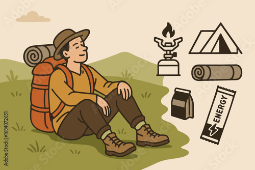 Backpacker and Gear. Horizontal composition showing backpacker resting and trekking icon set for portable stove, tent, mat and