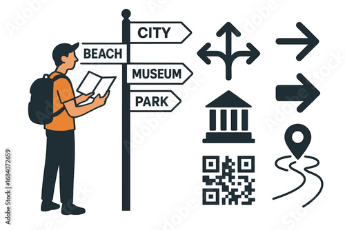 Tourist Navigation Icons. Vector layout showing tourist reading destination signs and orientation icon set for arrows, landmarks,