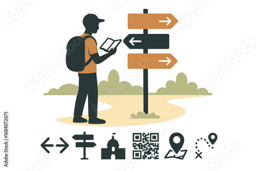 Tourist Navigation Icons. Vector layout showing tourist reading destination signs and orientation icon set for arrows, landmarks,