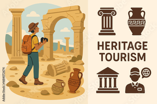 Explorer Amidst Ancient Ruins. Scene with traveler exploring ancient ruins and heritage tourism icon set for columns, artifacts,
