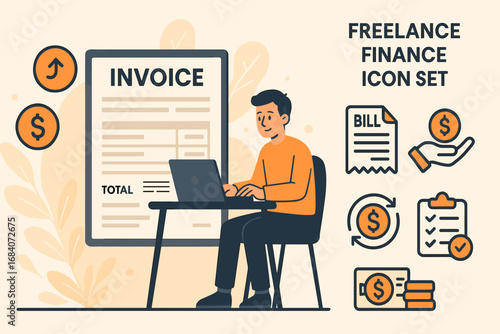 Freelance Finance Tools. Wide vector layout with man invoicing client and freelance finance icon set for billing, payment,