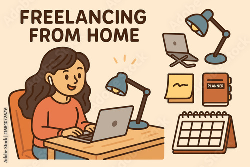 Freelance Home Office Setup. Cartoon-style banner depicting woman freelancing from home and home office icon set for desk lamp,