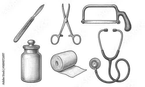 Vintage medical instruments collection: scalpel, scissors, stethoscope, saw, jar, bandage