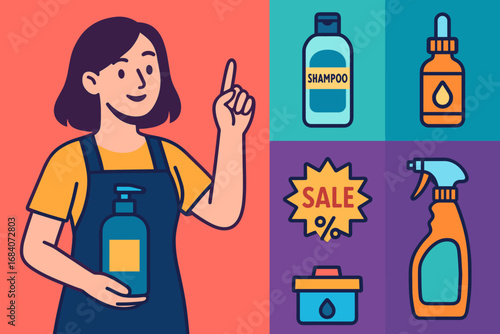 Vibrant Beauty Showcase. Colorful vector panel with stylist displaying product set and retail icon set for shampoos, serums,
