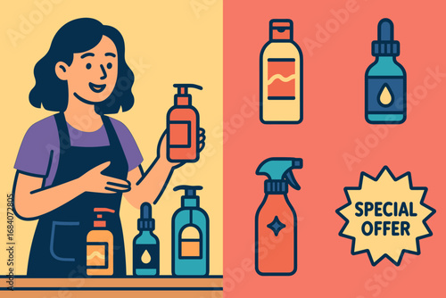 Vibrant Beauty Showcase. Colorful vector panel with stylist displaying product set and retail icon set for shampoos, serums,